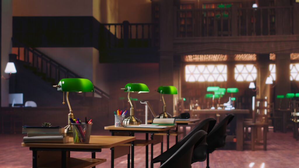 empty inspiring library interior with heritage design and peaceful lighting